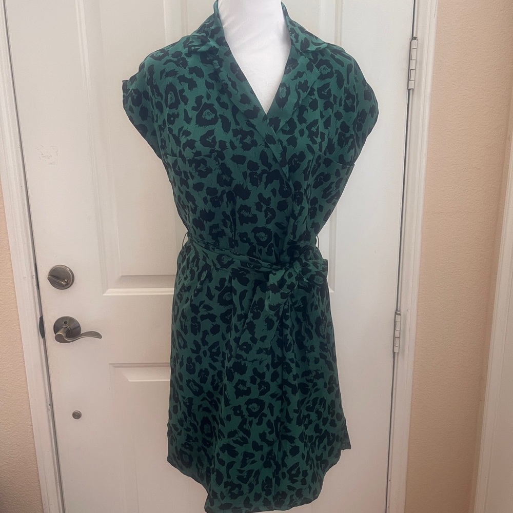 Green Leopard Print Short Wrap Dress - Silk, acetate